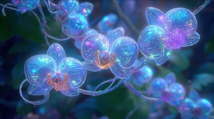 Luminous orchid with purple and blue hues against a black background, ideal for posters, digital art, or spa relaxation visuals.