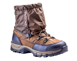 Durable brown and blue winter hiking boot with laces and buckles, isolated on transparent background