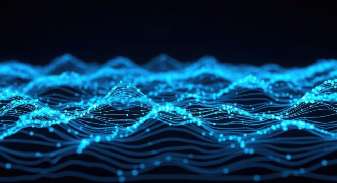 Abstract blue wave background with glowing particles and dynamic motion - Powered by Adobe