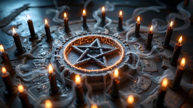 Mystical Ritual: A captivating image of a mysterious ritual unfolds, with a pentagram at its center and an ethereal atmosphere created by flickering candles. 