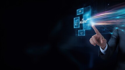 A businessman pressing a 3d hologram symbolizing an AI agent and AGI technology using agentic superintelligence in the future for autonomy and the growth of ASI during the singularity