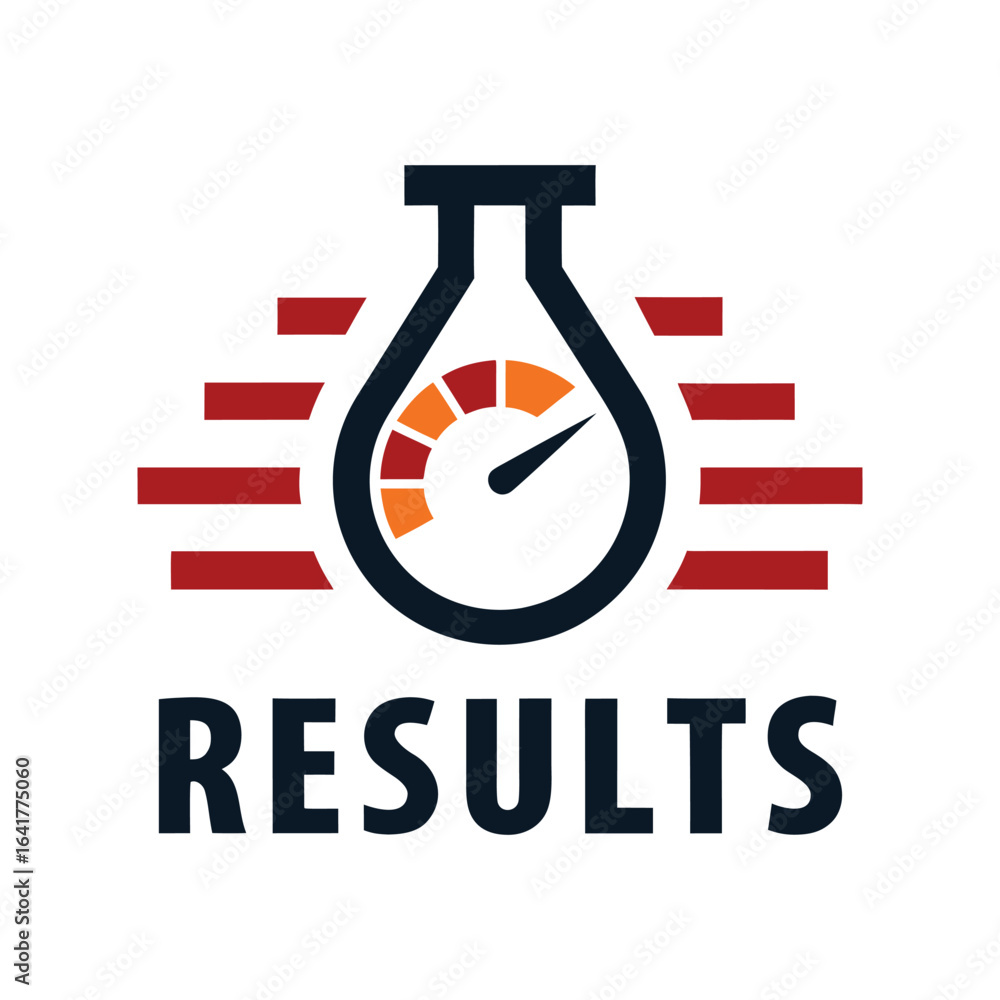 Poster dark blue flask with speedometer gauge and red horizontal bars above word results science laboratory