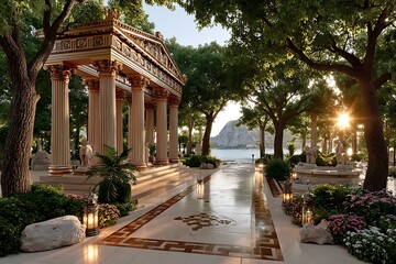 Fototapeta premium Beautiful historical building with pillars and scenic view high resolution picture.