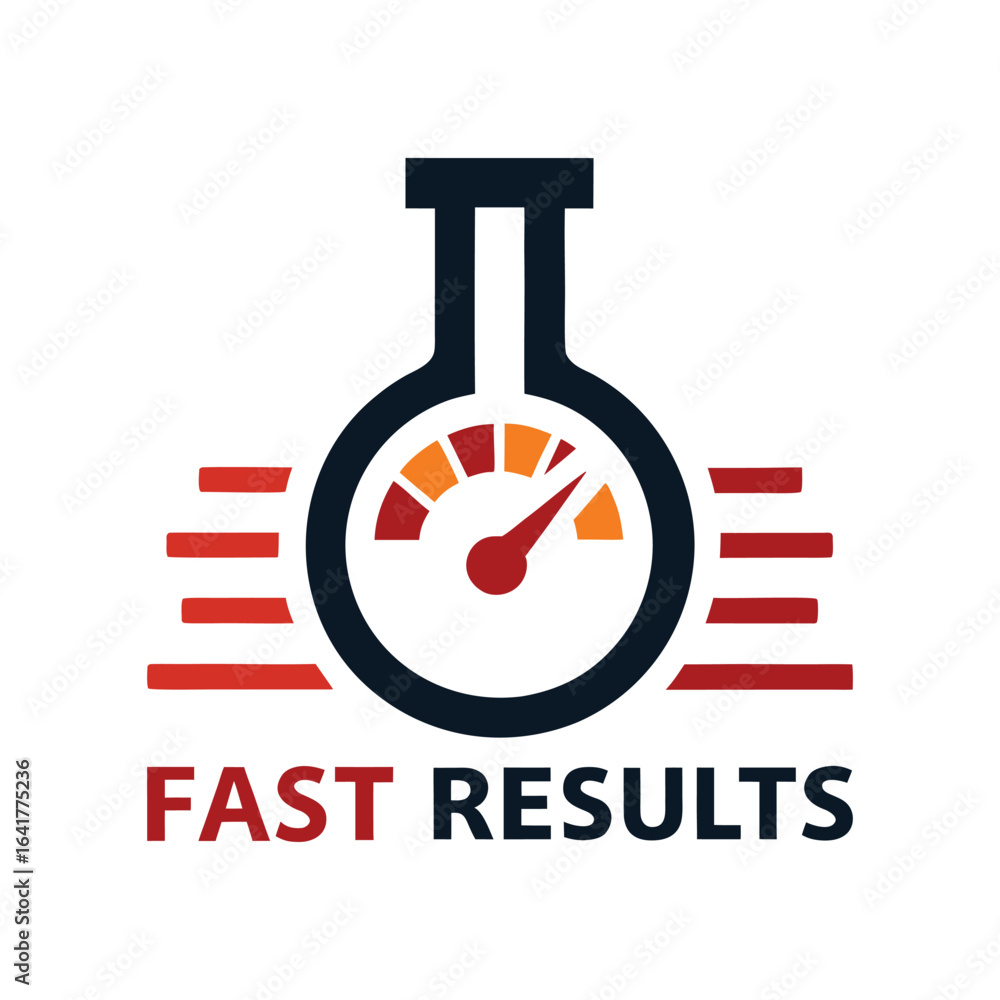 Poster laboratory flask with speedometer gauge and red horizontal lines with text f a s t r e s u l t s