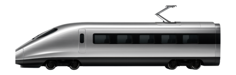Aerodynamic express train car with distinctive black and silver color scheme