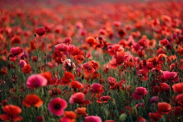 Fototapeta premium Vibrant field of red poppies blooming at sunset in a rural landscape