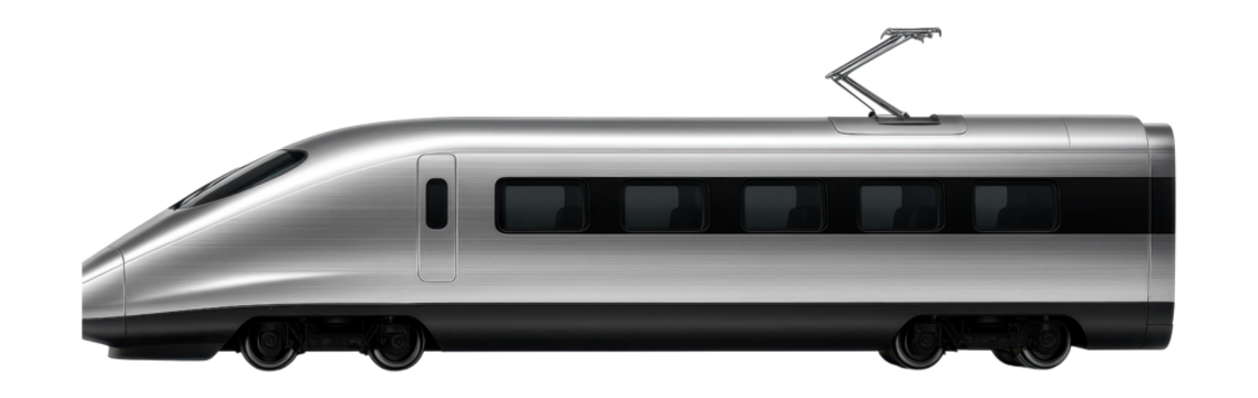 Aerodynamic express train car with distinctive black and silver color scheme