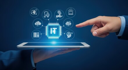 IT Services on Tablet with Hand Touching Digital Interface Representing Cloud Computing and Cyber Security
