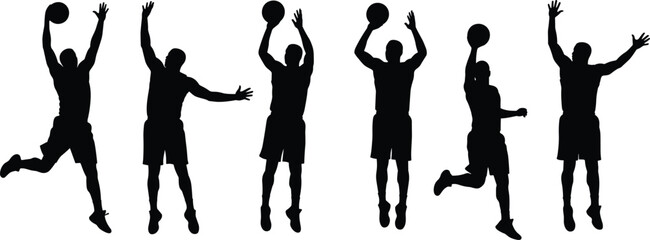 Basketball player silhouette set, jump shot poses, slam dunk motion, dynamic athlete illustration, sports vector graphic, isolated action design