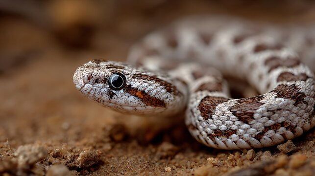 Close up of a camouflaged viper coiled on sandy ground with intricate scale patterns - Powered by Adobe