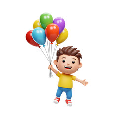 A joyful child floats upward, clutching a bunch of colorful balloons, soaring with dreams. The boy is smiling and looks happy