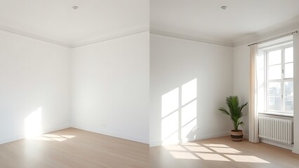 Minimalist room interior transformation shown in a side-by-side comparison with natural lighting and simple design.