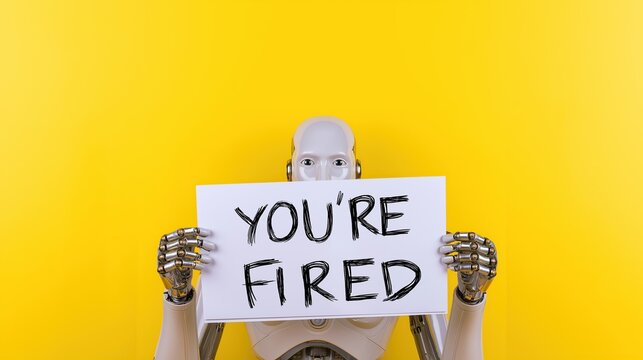 A future humanoid robot holding a You're Fired sign symbolizing unemployment, AI agents and AGI technology using agentic superintelligence for autonomy and the growth of ASI during the singularity