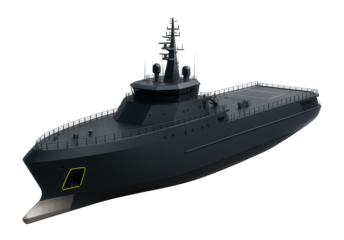 Frigate with retractable anchor system and reinforced bow for ice navigation