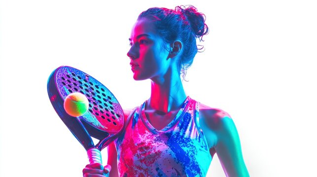 Woman holds padel racket with ball neonstyle lighting tank top neutral expression hair in bun
