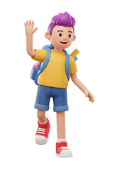 A cheerful cartoon boy happily waving and going back to school, with a backpack on his shoulders