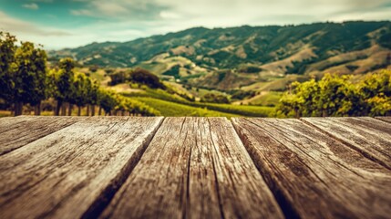 Scenic Vineyard Landscape with Wooden Deck Foreground, Perfect for Product Mockups and Outdoor Advertising