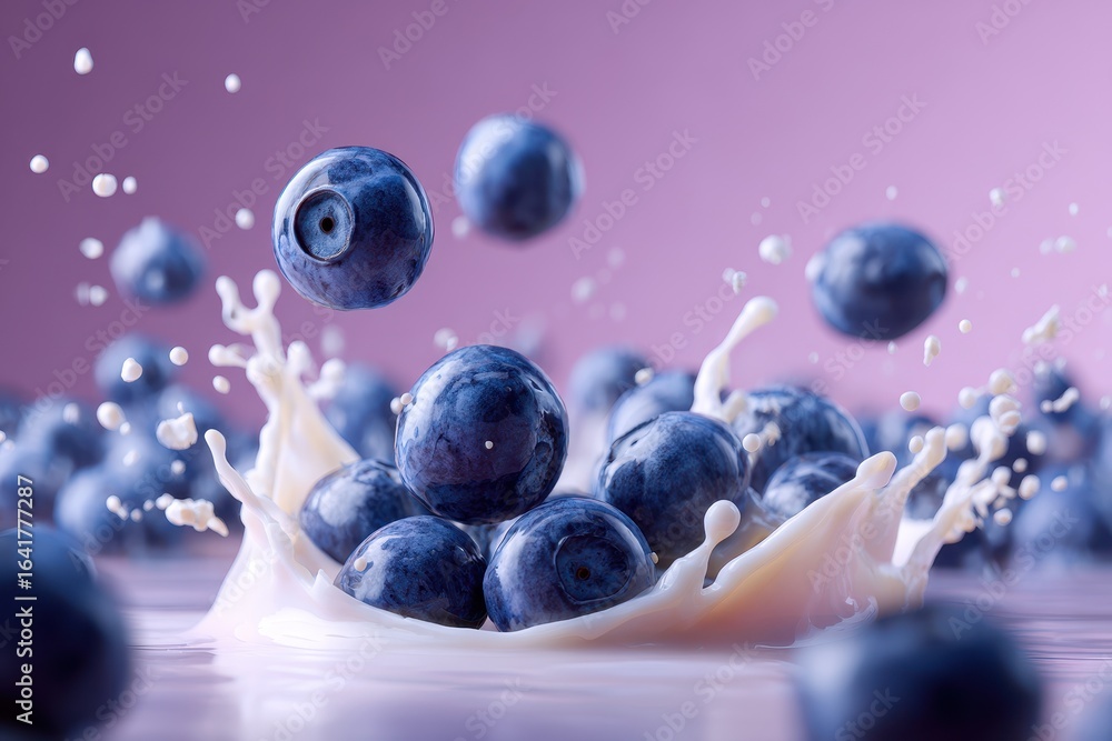 Poster fresh blueberries splashing into creamy milk creating a dynamic burst of flavor and freshness