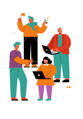 A group of people working together using laptop and sharing idea