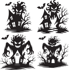 Halloween scary monster house silhouette vector graphics for spooky design needs