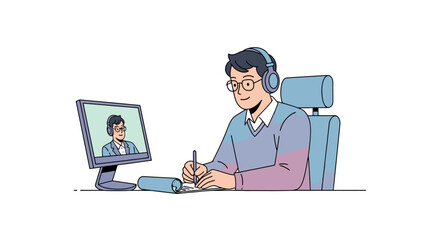 Engaged Male Professional in Headphones Participating in Online Video Conference, Taking Notes and Collaborating Remotely, Perfect for Remote Work and Online Education Themes in Modern Business