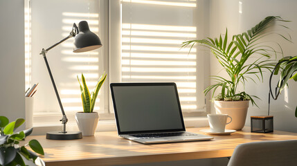 minimalist desk setup with a laptop, coffee cup, and modern lamp, soft daylight, empty screen and space for branding, clean and calming tech workspace ad, 16:9 format
