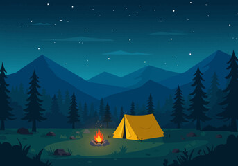 Cozy yellow tent glows under starry night sky beside crackling campfire in serene mountain forest wilderness adventure