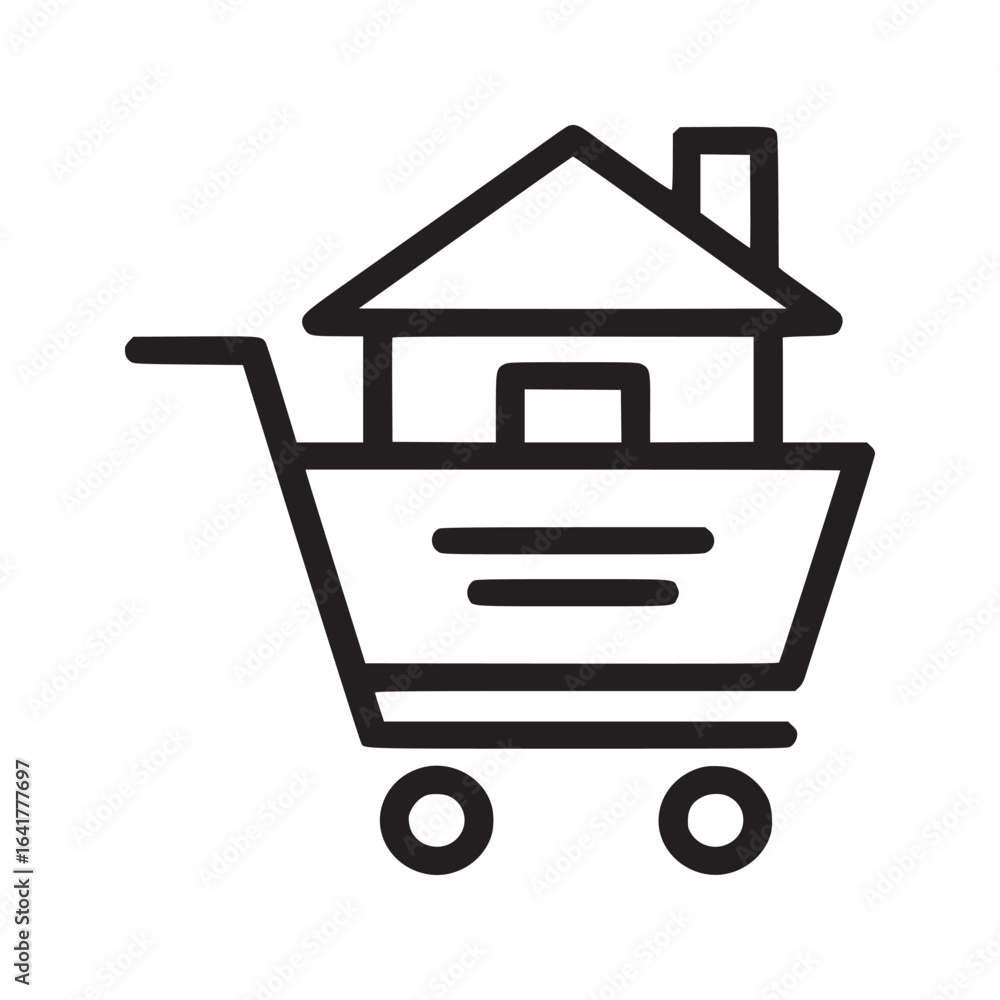 Poster a house inside a shopping cart icon isolated on a white background in a simple line drawing