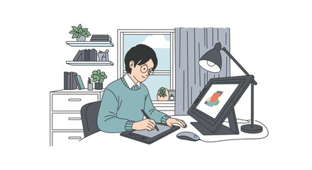 Creative Digital Artist Focused on Graphic Design Using Drawing Tablet in Cozy Home Office Setting, Perfect for Showcasing Modern Remote Work, Creativity, and Digital Art Tools in a Bright Environment