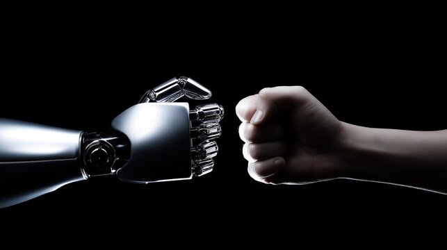A human and humanoid robot fist bump symbolizing an AI agent and AGI technology using agentic superintelligence in the future for autonomy and the growth of ASI during the singularity