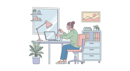 Cozy Home Office Illustration Featuring a Young Woman Working on a Laptop with Headphones in a Bright and Organized Workspace Ideal for Remote Work, Digital Nomads, and Professionals