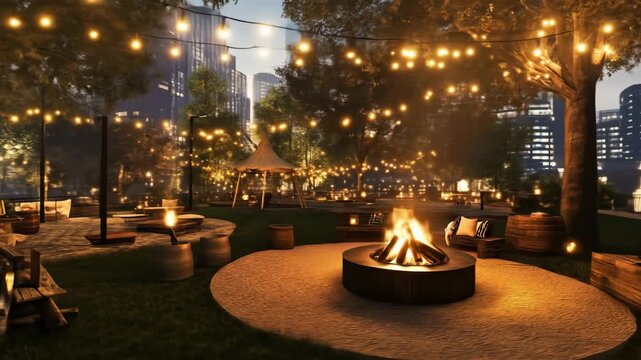 Outdoor gathering space with a firepit and string lights at twilight