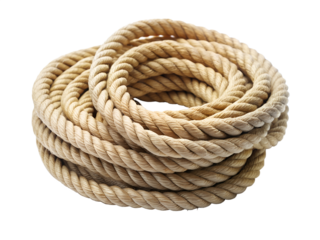 Thick natural fiber rope coiled into a circular shape, isolated on transparent background