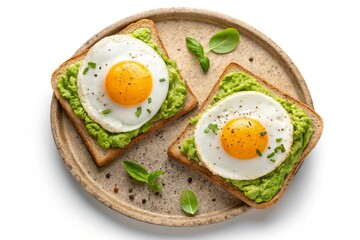 Avocado toast with fried eggs isolated on white background