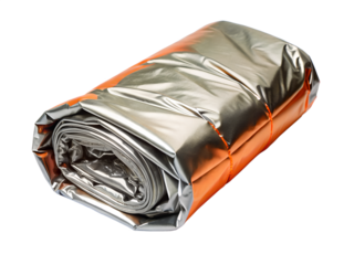 Rolled up emergency survival blanket with silver and orange sides, isolated on transparent background