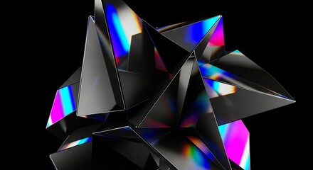Abstract Geometric Sculpture with Rainbow Refraction on Black Background  Modern Art Design Element Stock Photo