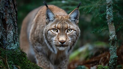 Fototapeta premium Majestic eurasian lynx emerges from dense forest foliage with piercing gaze