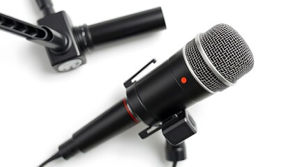 Dynamic microphone isolated on white background in a professional studio setup.