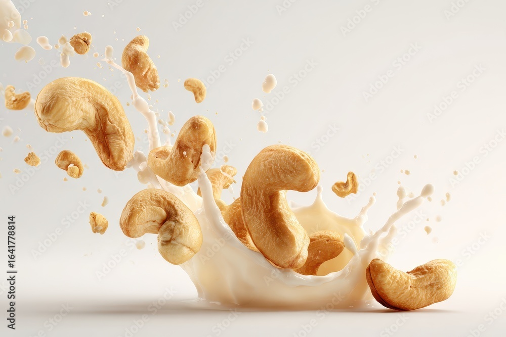 Poster cashew nuts splash in creamy liquid creating a dynamic and visually appealing composition