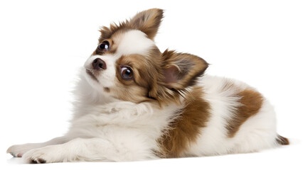 Cute longhaired chihuahua puppy lying down and looking up curiously, isolated on transparent...
