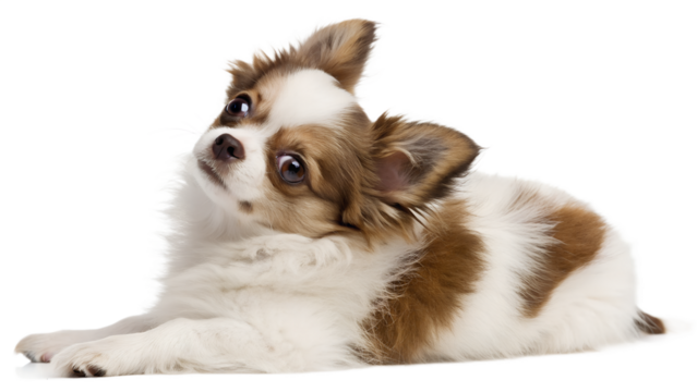 Cute longhaired chihuahua puppy lying down and looking up curiously, isolated on transparent background - Powered by Adobe