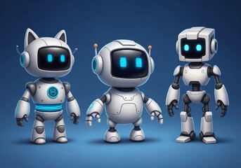 Three charming and modern cartoon robots with glowing blue eyes stand ready for innovation and futuristic adventures