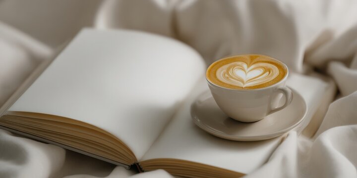 The latte art coffee cup next to an open book on soft fabric.