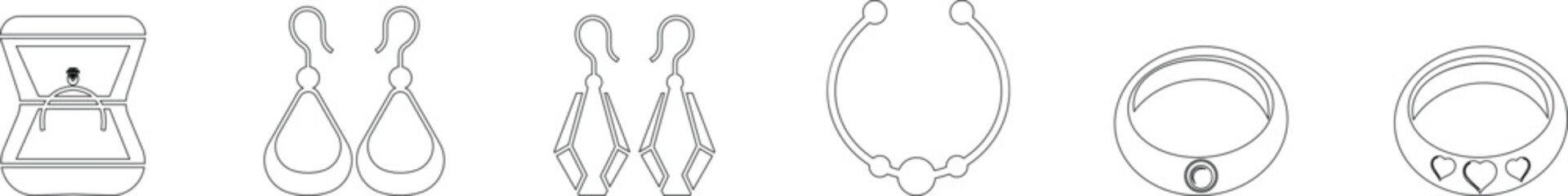 Woman's jewelry icon set elegant vector of rings, neckless, bangles, and watches, in minimalist black silhouette style for fashion design accessory branding E-commerce stores luxury boutique for web