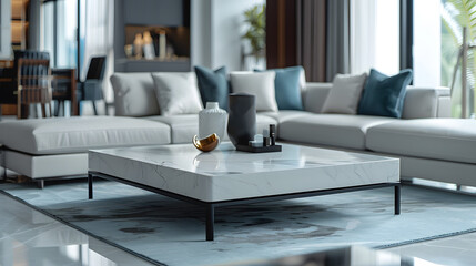 modern luxury living room with stylish furniture, soft natural lighting, central table with empty surface for product placement, clean and classy, cinematic composition