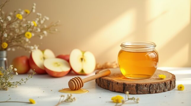 Golden honey jar with wooden dipper alongside fresh apple slices and flowers on a rustic surface for a festive celebration