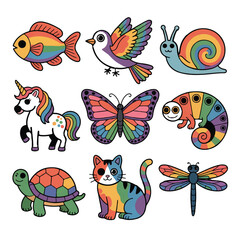 Fototapeta premium A collection of cute and colorful cartoon animals including a fish, bird, snail, unicorn, butterfly, caterpillar, turtle, cat, and dragonfly, isolated on white background