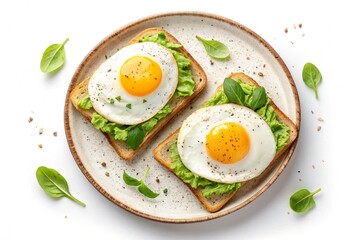 Avocado toast with fried eggs isolated on white background