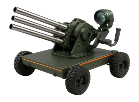 Wheeled platform carrying a quad-barrel anti-aircraft gun and optical targeting system