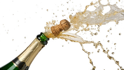 Champagne bottle cork popping with splash isolated on transparent background